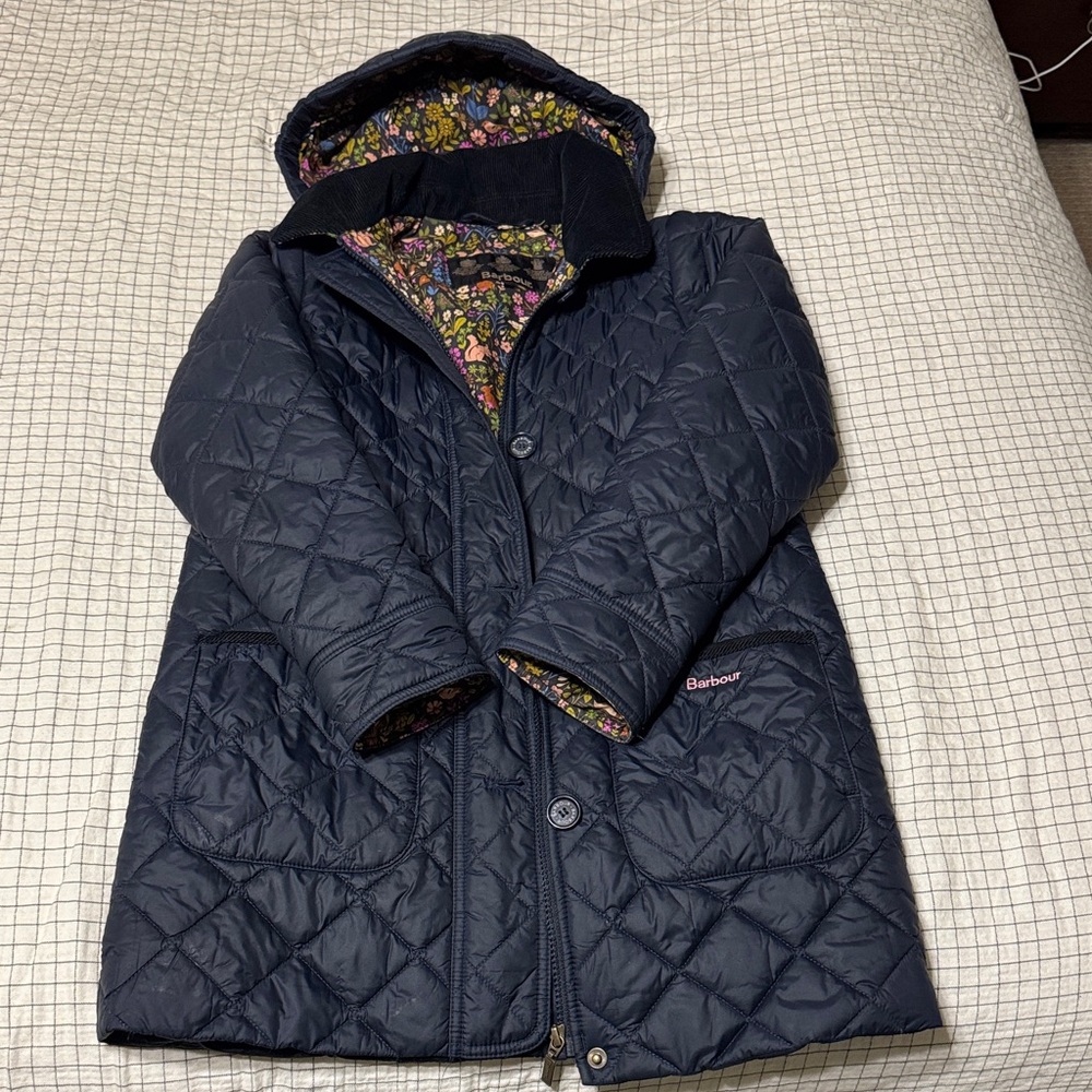 Barbour Navy Quilted Coat with Floral Interior - Picture 2 of 7